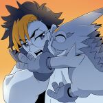 absurd_res anthro bandai_namco blush clothing digimon digimon_(species) digimon_beatbreak duo eyewear gekkomon glasses gloves hair handwear hase_popopo hi_res human male mammal multicolored_hair smile sunset tomoro_tenma tsundere