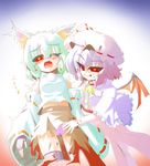  animal_ears bad_id bad_pixiv_id bat_wings bite_mark blood blush detached_sleeves hat highres inubashiri_momiji multiple_girls panties purple_hair pussy_juice red_eyes remilia_scarlet short_hair silver_hair thighhighs tokin_hat torn_clothes touhou trembling underwear usonge wince wings wolf_ears 