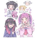  2boys 3girls alternate_hairstyle arched_bangs black_gloves black_hair blonde_hair blue_jacket blush_stickers bow cardigan carmine_(pokemon) chibi chibi_inset clenched_hands clenched_teeth crossed_bangs drayton_(pokemon) dress gloves grey_dress hair_between_eyes hair_ornament hairclip hassel_(pokemon) highres jacket lacey_(pokemon) long_hair long_sleeves looking_at_viewer mole mole_under_eye multicolored_hair multiple_boys multiple_girls neckerchief open_mouth pink_cardigan pink_hair pokemon pokemon_(creature) pokemon_sv poppy_(pokemon) purple_hair red_bow red_hair red_neckerchief remoooon shirt short_hair simple_background teeth tinkatink twintails two-tone_hair upper_body w white_background white_hair white_shirt yellow_eyes 