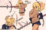  1girl :3 :d absurdres axe bag bare_legs black_skirt blonde_hair blue_eyeshadow blue_lips bow bowtie brown_cardigan cardigan centurii-chan commentary dark-skinned_female dark_skin english_commentary eyeshadow finger_to_mouth flamberge gyaru gyaru_landsknecht_(centurii-chan) hair_ornament hair_scrunchie heart highres huge_weapon katana kogal labubu long_hair long_sleeves looking_at_viewer mace macuahuitl makeup miniskirt multiple_views original pleated_skirt ponytail red_bow red_bowtie red_eyes school_bag scrunchie sheath sheathed simple_background skirt smile spiked_mace spikes sword v weapon 