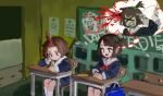  >_< 2girls afterimage blood blood_spray blue_shirt blue_skirt brown_eyes brown_hair chair chalkboard classroom closed_mouth desk doorway frown furrowed_brow gun gun_to_head holding holding_gun holding_pencil holding_weapon imagining indoors long_sleeves multiple_girls neck_ribbon on_chair one_side_up open_mouth oreoppi original own_hands_together pencil raised_eyebrow red_ribbon revolver ribbon sailor_collar school_chair school_desk school_uniform serafuku shirt short_hair sitting skirt smile speech_bubble suicide thought_bubble topknot weapon white_sailor_collar wide_shot 