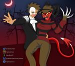  2025 absurd_res barbie_wire bottomwear brock_(pokemon) brown_bottomwear brown_clothing brown_pants claw_(weapon) clawed_gloves clothing cosplay costume crescent_moon crossover crossover_ship curved_horn demon duo erik_(the_phantom_of_the_opera) female freddy_krueger gym_leader hair halloween hand_on_another's_waist hand_on_shoulder hat headgear headwear hellaverse helluva_boss hi_res holidays horn horned_humanoid horns_through_hat human humanoid imp male mammal mask melee_weapon moon night nightmare_on_elm_street nintendo outside pants phantom_of_the_opera pokemon red_clothing red_moon red_shirt red_topwear shirt small_waist smile spade_tail spiky_hair taiketchem tail tailed_humanoid topwear weapon wide_hips 