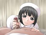  1girl black_eyes black_hair chupimaro foreskin handjob hat hetero looking_at_viewer male_pubic_hair navel nurse nurse_cap on_bed original penis pubic_hair short_hair smile solo_focus uncensored 