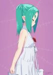  1girl aqua_eyes aqua_hair artist_name bare_arms blush brooch closed_mouth cowboy_shot dot_mouth dress dress_ribbon flat_chest flower flower_brooch from_side half-closed_eyes highres itoma_mahimahi jewelry looking_down medium_hair monogatari_(series) ononoki_yotsugi parted_bangs pointy_ears purple_background red_flower ribbon shoulder_blush solo thick_eyebrows twintails white_dress white_ribbon 