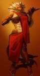 abs absurd_res anthro athletic bottomwear brothersmiler claws clothed clothing dragon female finger_claws hi_res horn jewelry long_ears melee_weapon midriff muscular muscular_female mythological_creature mythological_scalie mythology orange_body red_eyes scalie shawl skirt solo standing sword toe_claws weapon yvvie_(wsad)
