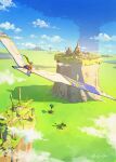  1other above_clouds ambiguous_gender bird blue_sky cloud commentary_request day fantasy field highres katou_oswaldo mesa original outdoors oversized_plant riding riding_bird scenery shadow signature sky town tree very_wide_shot 