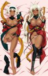  antenna_hair barefoot breasts dakimakura dark_elf dark_skin elf feet fingerless_gloves gloves huge_breasts kouki_kuu legs legwear_removed long_hair multiple_girls nipples nisei_muramasa pointy_ears sansei_muramasa short_hair siblings sisters soukou_akki_muramasa toeless_legwear uncensored white_hair 