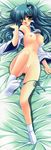  absurdres bed_sheet blush breasts cum dakimakura detached_sleeves frog green_eyes green_hair hair_ornament highres kochiya_sanae large_breasts legs long_hair lying nipples non-web_source on_back open_mouth panties pussy pussy_juice sakurano_tsuyu side-tie_panties snake socks solo sweat touhou uncensored underwear very_long_hair 