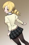  1girl :d black_pantyhose black_skirt blazer blonde_hair brown_background drill_hair from_behind gradient_background hand_on_own_hip jacket kiya_hajime long_hair long_sleeves mahou_shoujo_madoka_magica mahou_shoujo_madoka_magica_(anime) mitakihara_school_uniform open_mouth pantyhose plaid_clothes plaid_skirt school_uniform skirt smile solo tomoe_mami tongue twin_drills twintails yellow_jacket 