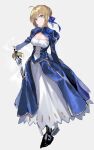  1girl ahoge artoria_pendragon_(fate) blonde_hair blue_dress braid braided_bun bun_with_braided_base dress excalibur_(fate/stay_night) fate/stay_night fate_(series) green_eyes hair_bun hair_ribbon highres holding long_sleeves ribbon saber_(fate) solo sword weapon white_background yuuli_(tuna221022) 