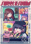  1980s_(style) 4girls absurdres after-school_sweets_club_(blue_archive) ahoge airi_(blue_archive) animal_ears barcode black_hair blonde_hair blue_archive blush_stickers brown_hair cat_ears closed_mouth collarbone colored_inner_hair dated dolby drinking_straw extra_ears fang food green_eyes hair_ornament hairclip highres hrna kazusa_(blue_archive) long_hair looking_at_viewer macaron medium_hair multicolored_hair multiple_girls natsu_(blue_archive) open_mouth parfait photo_inset pink_hair red_eyes retro_artstyle skin_fang trinity_general_school_logo twintails two-tone_hair v waving yoshimi_(blue_archive) 