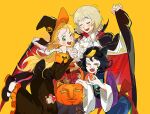  3girls animal_ears black_dress black_hair blonde_hair cape cat_ears cat_girl dress dungeon_meshi eating elf falin_touden falin_touden_(tallman) fang food grey_hair halloween_costume hat izutsumi jack-o&#039;-lantern jiangshi_costume kuma20151225 marcille&#039;s_familiar marcille_donato multiple_girls pointy_ears red_dragon_(dungeon_meshi) vampire_costume walking_mushroom_(dungeon_meshi) witch witch_hat 
