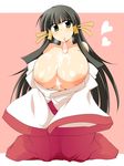  arcana_heart areolae bad_id bad_pixiv_id bare_shoulders black_eyes black_hair breasts condom condom_in_mouth cum cum_on_body hakama heart highres huge_breasts japanese_clothes kasuga_maori kneeling long_hair miko mouth_hold nipples off_shoulder open_clothes puffy_nipples red_hakama simple_background solo used_condom wedge 