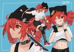  1girl alternate_costume artist_name beanie belt black_gloves black_hat black_shorts black_thighhighs blue_background breasts choker closed_eyes closed_mouth dated drill_hair earclip fingerless_gloves glint gloves hat highres jewelry kasane_teto kneepits leutchaft midriff multiple_views navel one_eye_closed red_eyes red_hair red_shoes ring shirt shoes short_hair short_sleeves shorts single_bare_shoulder single_glove single_thighhigh skateboard small_breasts sneakers sports_bra thighhighs tongue tongue_out twin_drills utau white_shirt wristband 