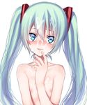  aqua_eyes aqua_hair bad_id bad_pixiv_id blush closed_mouth cum face facial flat_chest hands happy_facial hatsune_miku long_hair looking_at_viewer midorikawa_you nude simple_background smile solo tsurime twintails upper_body vocaloid 
