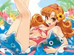  alena_(dq4) areolae breasts covered_nipples dragon_quest dragon_quest_iv earrings flower hair_flower hair_ornament hairband hibiscus jewelry kekocha kneepits large_breasts legs_up lying open_mouth orange_eyes orange_hair slime_(dragon_quest) smile solo swimsuit 