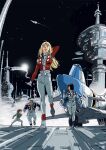  1980s_(style) 1girl 3boys alfin belt black_hair blonde_hair brown_hair crusher_joe full_body gloves highres jacket joe_(crusher_joe) long_hair multiple_boys open_mouth retro_artstyle ricky_(crusher_joe) scar science_fiction smile spacecraft star_(sky) talos_(crusher_joe) vest zigharii 