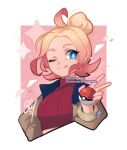  1girl blonde_hair blue_eyes breasts brown_jacket closed_mouth crop_top cropped_shirt gradient_hair hair_bun highres holding holding_poke_ball jacket long_sleeves looking_at_viewer multicolored_hair one_eye_closed open_clothes open_jacket pink_hair poke_ball poke_ball_(basic) pokemon pokemon_legends:_z-a red_shirt ribbed_shirt sandragh shirt smile solo taunie_(pokemon) tongue tongue_out turtleneck upper_body v 