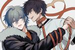 2boys 4k10r1 ahoge akira_(togainu_no_chi) black_jacket brown_eyes brown_hair fur-trimmed_jacket fur_trim grey_eyes grey_hair hair_between_eyes hand_grab heart highres holding holding_leash jacket keisuke_(togainu_no_chi) leash long_sleeves looking_at_another lower_teeth_only male_focus multiple_boys open_mouth orange_shirt portrait shirt short_hair simple_background sweatdrop teeth togainu_no_chi upper_teeth_only white_background white_shirt yaoi 
