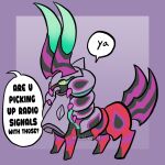 all_fours ambiguous_gender antennae_(anatomy) arthropod centipede english_text feral full-length_portrait generation_5_pokemon generation_9_pokemon hi_res horn mega_evolution mega_scolipede meme myriapod nintendo pokemon pokemon_(species) portrait scolipede simple_background solo speech_bubble standing text wywyrm