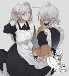  1boy alternate_costume androgynous animal apron black_dress cat closed_eyes commentary crossdressing crossdressing_(mtf) dress english_commentary enmaided grey_eyes grey_hair highres holding holding_animal holding_cat kumashige lies_of_p looking_at_viewer maid maid_apron maid_headdress male_focus medium_hair multiple_views official_alternate_hair_color pinocchio_(lies_of_p) spring_(lies_of_p) whiskers white_apron 