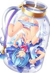  anus blue_eyes blue_hair bottle bow cirno cum hair_bow in_bottle in_container mikan_(bananoha) panties panty_pull short_hair solo striped striped_panties touhou underwear upside-down wings 