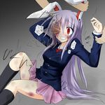  1girl animal_ears black_legwear blazer blood blush bruise bunny_ears clenched_teeth crying crying_with_eyes_open disembodied_penis guro hetero injury jacket kneehighs long_hair necktie penis penis_in_eye purple_hair red_eyes reisen_udongein_inaba rionoil skirt skull_fucking socks solo_focus tears teeth touhou 