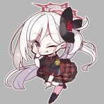  1girl ;p absurdres akanbe black_boots black_flower black_shirt blue_archive blush boots chibi chibi_only closed_mouth commentary_request derivative_work dutch_angle eyelid_pull eyes_visible_through_hair floating_hair flower frilled_skirt frills full_body grey_background grey_hair hair_behind_ear hair_between_eyes hair_flower hair_ornament halo hand_up high-waist_skirt highres long_hair looking_at_viewer mutsuki_(blue_archive) nckak9rjjdjff4e neck_ribbon one_eye_closed outline plaid_clothes plaid_skirt red_eyes red_halo red_ribbon red_skirt ribbon school_uniform shirt short_sleeves side_ponytail simple_background skirt smile solo standing standing_on_one_leg thigh_strap tongue tongue_out tsurime v-shaped_eyebrows very_long_hair white_outline 