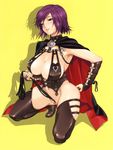  absurdres armpits breasts cape cat_o'_nine_tails copyright_request crotch_rub eyeliner green_eyes happoubi_jin highres huge_breasts image_sample makeup masturbation nail_polish purple_hair purple_nails pussy pussy_juice short_hair simple_background smile solo squatting thighhighs whip yandere_sample 