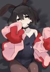  1girl :< absurdres animal_ear_hairband animal_ears arms_up bed_sheet black_choker black_eyes black_hair black_hairband black_leotard black_pantyhose bob_cut breasts choker closed_mouth collarbone collared_shirt commentary dress_shirt empty_eyes fake_animal_ears from_above hair_between_eyes hair_spread_out hairband hand_to_own_mouth heart highres leotard light_blush looking_at_viewer looking_up lying monogatari_(series) naoetsu_high_school_uniform narrowed_eyes off_shoulder on_back on_bed open_clothes open_shirt oshino_ougi pantyhose pendant_choker pink_shirt playboy_bunny rabbit_ear_hairband rabbit_ears school_uniform shiny_clothes shirt short_hair single_bare_shoulder sleeves_past_fingers sleeves_past_wrists small_breasts solo strapless strapless_leotard symbol-only_commentary tsugumi_(tgm_615486) very_long_sleeves 