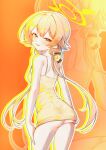  1girl :p absurdres bare_legs blonde_hair blue_archive bow commentary cowboy_shot dress english_commentary from_behind hair_bow halo hand_on_own_ass hifumi_(blue_archive) highres kghazir long_hair looking_at_viewer looking_back low_twintails naughty_face orange_background outline simple_background smile solo tongue tongue_out twintails underbutt very_long_hair yellow_dress yellow_halo yellow_outline zoom_layer 