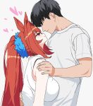  1boy 1girl acaa animal_ears black_hair blush breast_press breasts closed_mouth commentary_request daiwa_scarlet_(umamusume) faceless faceless_male grey_background grey_shirt hetero highres horse_ears horse_girl large_breasts long_hair looking_at_another red_eyes shirt short_hair simple_background smile t-shirt twintails umamusume white_shirt 