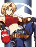  1girl absurdres baggy_pants bare_shoulders belt belt_skirt blonde_hair blue_eyes blue_mary bob_cut breasts crop_top denim fatal_fury fatal_fury_cap fingerless_gloves gloves halterneck highres large_breasts looking_at_viewer loose_belt midriff multiple_belts navel neo_geo pants parted_hair short_hair simple_background sirknightbot sleeveless sleeveless_turtleneck smile snk solo tight_top turtleneck 