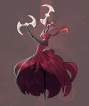  1girl absurdres ant_girl antennae arthropod_girl closed_eyes colored_skin commentary demgozellegs dress dual_wielding english_commentary full_body highres holding holding_weapon hollow_knight hollow_knight:_silksong red_background red_dress red_skin skarrsinger_karmelita_(hollow_knight) solo standing weapon 