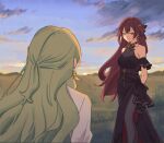  2girls bare_shoulders black_dress black_pantyhose blue_sky breasts brown_hair coat commentary_request dress eden_(honkai_impact) green_hair honkai_(series) honkai_impact_3rd large_breasts long_hair looking_at_another mobius_(honkai_impact) mobius_(pre-surgery)_(honkai_impact) multiple_girls pantyhose rena_(_rrena) sky smile sunset very_long_hair white_coat 
