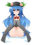  bad_id bad_pixiv_id black_legwear blue_hair censored food fruit hat hinanawi_tenshi long_hair no_panties peach pussy red_eyes ririfu sitting smile solo thighhighs touhou 