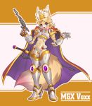  2022 anthro arm_armor armor blaster bodysuit breastplate bulge canid canine canis cape chest_armor cloak clothed clothing crotch_armor crotch_plate crown femboy fluffy fluffy_tail footwear fox fur gradient_fur gradient_hair gun hair headgear heart_(marking) hi_res high_heels holding_gun holding_object holding_ranged_weapon holding_weapon inner_ear_fluff leg_armor male mammal markings melee_weapon midriff navel purple_eyes ranged_weapon rigel_(maj2k2) shoulder_armor shoulder_pads simple_background skimpy skinsuit solo sparkydb standing sword tail tight_clothing tuft unconvincing_armor weapon yellow_body yellow_fur 