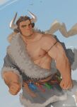  1boy absurdres animal_ears arm_hair bara bare_pectorals brown_hair chest_hair clenched_hands cow_boy cow_ears cow_horns dutch_angle earrings facial_hair feet_out_of_frame fur-trimmed_jacket fur_trim goatee goo_(koushishikou11) hadanugi_dousa highres horns jacket jewelry large_pectorals long_sideburns male_focus mature_male multiple_earrings muscular muscular_male nipples no_pupils open_clothes open_jacket original pectorals scar scar_on_face scar_on_forehead scar_on_nose short_hair sideburns sideways_glance solo standing thick_eyebrows wind winter_clothes 