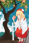  1girl absurdres blonde_hair bloomers blue_sky cloud cloudy_sky commentary_request detached_sleeves dolls_in_pseudo_paradise food fruit gohei graveyard hakama hakama_skirt hat hat_ribbon highres holding holding_food holding_fruit hourai_girl_(touhou) iyo_mamoru japanese_clothes kimono long_hair long_sleeves mary_janes no_socks outdoors parted_lips peach peach_tree pleated_skirt portrait_of_exotic_girls red_footwear red_hakama red_hat red_skirt ribbon shoes sidelocks sitting skirt sky solo tombstone touhou white_bloomers white_kimono white_ribbon white_sleeves wide_sleeves yellow_eyes 