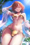  1girl alternate_costume arm_on_own_head arm_up ass_visible_through_thighs bikini black_choker blue_sky blurry blurry_background breasts breasts_apart brown_hair cameltoe choker collarbone commentary_request earrings from_below glint gold_bikini highres higuchi_madoka idolmaster idolmaster_shiny_colors jewelry koya_(koya_x_00) looking_at_viewer medium_breasts mole mole_under_eye navel open_clothes open_shirt outdoors palm_tree red_eyes shirt short_hair side-tie_bikini_bottom signature skindentation sky solo stomach sunlight swimsuit thigh_gap tree underboob white_shirt 