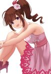  1girl :d ahoge armpits bare_shoulders breasts brown_hair dot_nose dress earrings eyelashes flower hair_flower hair_ornament high_heels highres iceman550787 idolmaster idolmaster_million_live! idolmaster_million_live!_theater_days jewelry large_breasts leaning_forward looking_at_viewer looking_to_the_side necklace official_alternate_costume open_mouth pink_dress pink_footwear purple_eyes side_ponytail sidelocks simple_background sitting smile solo white_background yokoyama_nao 
