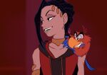  1boy aladdin_(disney) animal_on_shoulder arms_at_sides bare_arms bird bird_on_shoulder black_hair braid choker collarbone drawstring eyeshadow hood hoodie iago_(aladdin) jamil_viper looking_to_the_side makeup male_focus open_mouth parrot red_background sleeveless sleeveless_hoodie teeth twisted_wonderland ukata 