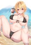  1girl absurdres akame_(akame_ga_kill!) arm_support ass bangs bare_legs beach bikini black_bikini black_hair blonde_hair blush breasts breasts_apart bubble_tea cameltoe closed_mouth collarbone covered_nipples crotch cup deogho_(liujinzy9854) drinking_straw highres holding holding_cup korean_commentary large_breasts looking_at_viewer m_legs medium_hair multicolored_hair navel ocean original partially_submerged partially_visible_vulva red_eyes short_hair smile solo spread_legs stomach streaked_hair swimsuit two-tone_hair 