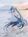  1girl absurdres aqua_eyes aqua_hair artist_logo bare_shoulders beach commentary dress dusk english_commentary full_body hair_ribbon halterneck hatsune_miku highres long_hair looking_at_viewer neo_(neo_399) open_mouth outdoors parted_lips reaching reaching_towards_viewer ribbon shoulder_tattoo sleeveless sleeveless_dress solo standing sundress tattoo twintails vocaloid water white_dress white_ribbon 