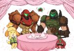  1boy 2girls animal_crossing cacodemon cup doom_(series) doom_eternal doomguy flower isabelle_(animal_crossing) laughing metroid metroid_(creature) multiple_girls muscular muscular_male musical_note opaque_helmet power_armor rabbit samus_aran smile spoken_musical_note table tablecloth tea_party teacup teapot wakaba_(wata_ridley) 