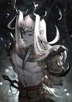  1boy abs absurdres antlers arm_tattoo arms_behind_back bare_pectorals closed_mouth from_above frown gorget hades_(series) hades_2 highres horns jelroyyy long_hair looking_to_the_side male_focus moros_(hades) nipples pale_skin pectorals skull skull_pauldron solo standing tattoo three_quarter_view toned toned_male upper_body vambraces white_hair 