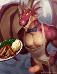  anthro apron blizzard_entertainment bow_tie brown_body brown_horn brown_scales clothed clothing dracthyr dragon enkiefa european_mythology food genitals horn humanoid male mashed_potatoes meat mythological_creature mythological_scalie mythology penis red_body red_scales sausage scales scalie serving_food solo topless warcraft western_dragon yellow_eyes 