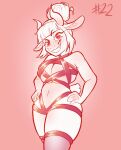  2021 anthro bovid breasts caprine clothed clothing demon digital_drawing_(artwork) digital_media_(artwork) dressuptober female goat goat_lucifer_(helltaker) hands_on_hips helltaker hi_res horn junkedart legwear lucifer_(helltaker) mammal midriff monochrome portrait red_eyes skimpy smile solo thigh_highs 