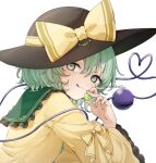  1girl :q black_hat blush closed_mouth commentary_request food frilled_sleeves frills fruit grapes green_eyes green_hair hair_between_eyes hat hat_ribbon heart heart_of_string holding holding_food honotai koishi_day komeiji_koishi licking_lips long_sleeves looking_at_viewer ribbon shirt short_hair simple_background smile solo third_eye tongue tongue_out touhou tsurime twitter_username white_background wide_sleeves yellow_ribbon yellow_shirt 