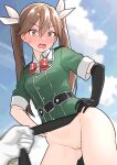  1girl 1other ass black_gloves blush breasts brown_eyes brown_hair cowboy_shot day elbow_gloves full-face_blush furaggu_(frag_0416) gloves green_jacket hair_between_eyes hands_on_own_hips highres jacket kantai_collection long_hair looking_down medium_breasts outdoors pelvic_curtain pussy short_sleeves single_elbow_glove solo_focus tone_(kancolle) tone_kai_ni_(kancolle) twintails 